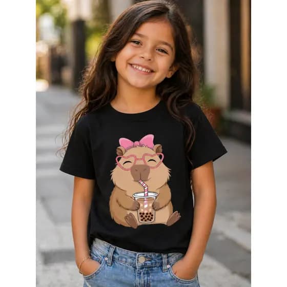 Camiseta Infantil 100% Algodão Estampada Capybara Bubble Tea capivara Blusinha Menina