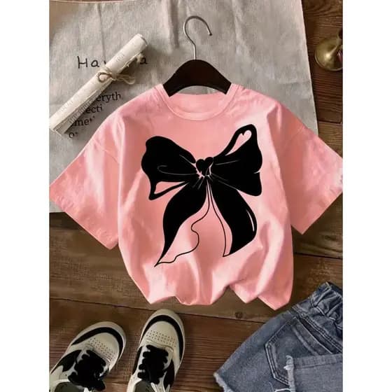 Camiseta Feminina Laço Delicada Tshirt Algodão Camisa Modinha Bloqueira Fofa