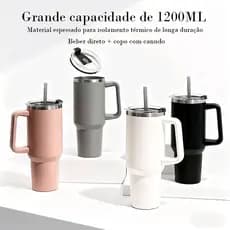 KAIFENE Copo Térmico Inox 1200ml Generosa Com Tampa e Canudo Portátil Copo de Carro Parede Dupla Copo Garrafa Térmica