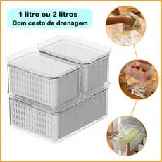 Acrílico Natural Organizador De Geladeira Com Cesto De Drenagem E Tampa Hermética Para Alimentos Vegetais Frutas