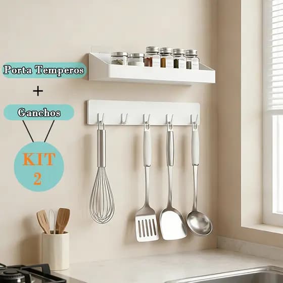 Kit 2 Prateleiras Organizadoras de Cozinha Multifuncional de Parede Removível Fácil de Instalar com Adesivo