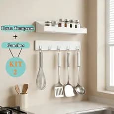 Kit 2 Prateleiras Organizadoras de Cozinha Multifuncional de Parede Removível Fácil de Instalar com Adesivo