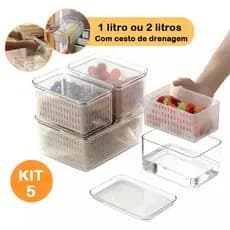 KIT 5 Organizadores de Geladeira 1L ou 2L Escorredor Interno Com Tampa Hermética Para Frutas, Legumes e Verduras