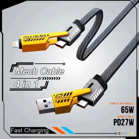 Cabo Carregamento Rápido 4 em 1 TURBO 65W/27W Cabeça de Metal Type C USB iOS/Type C Fast Charge/Charger 120W 1.2M
