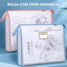Bolsa A3 Transparente EVA 8 Compartimentos - Arquivo Portátil com Zíper para Arte, Tarefas Escolares e Documentos