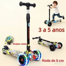 Patinete Infantil 4 Rodas com LED Luz Graffiti Ajustável Dobrável Presente para Meninos e Meninas