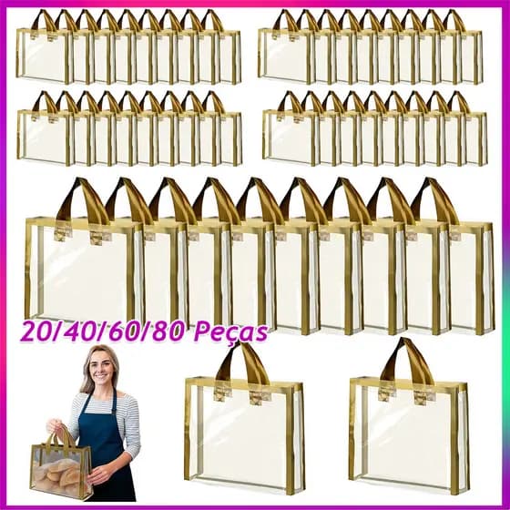 20-80 Dourado sacos de presente com alça sacolas de plástico reutilizável de transparente para presente 31.5x8.1x32.5cm