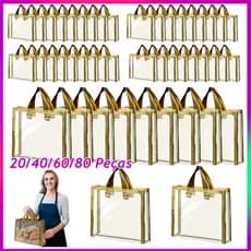 20-80 Dourado sacos de presente com alça sacolas de plástico reutilizável de transparente para presente 31.5x8.1x32.5cm