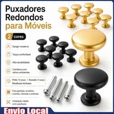 Kit Puxador Botão Redondo 12/15 Peças para Gaveta Armário Cozinha Alumínio Preto/Dourado com Parafusos