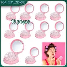 Kit 10 Rosa Escova de cabelo de viagem com espelho mini escova dobrável escovas redondas escovas compactas de viagem