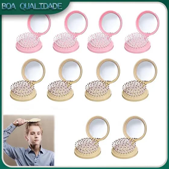 Kit 10 peças Escova de cabelo de viagem com espelho mini escova dobrável escovas redondas escovas compactas de viagem