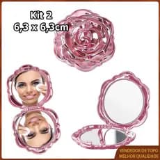 Kit 2 Espelho redondo dobrável modelo Rose espelho de bolso espelho maquiagem espelho viagem espelho dupla face - Rosa