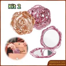 Kit 2 Espelho redondo dobrável modelo Rose espelho de bolso espelho de maquiagem espelho de viagem espelho dupla face
