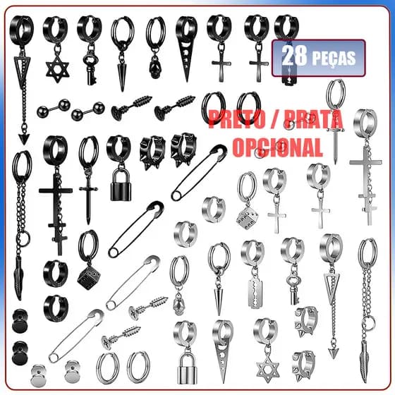 28x  Conjunto de brincos masculinos em aço inoxidável com pingente em forma de cruz e brincos circulares