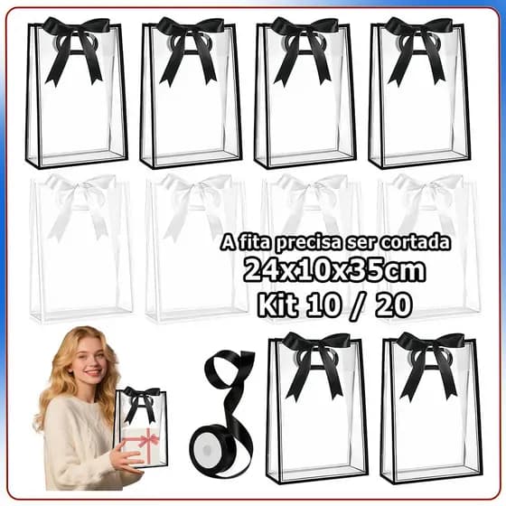 10/20x Sacos de presente com alça transparente reutilizáveis com fita sacos de presente para festas 24x10x35cm