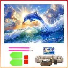 Pintura de Diamante 5D Tema Golfinho 70x40cm – Quadrado Diamante, Superfície Grande, para Casa e Escritório, Elegante