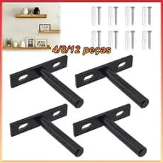 Kit 4/8/12 Suportes Invisível Prateleira Flutuante Preto Formato T Aço Zincado Reforçado Haste 7cm Para Madeira