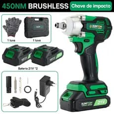 Chave de Impacto 450NM Elétrica Sem Fio Parafusadeira Brushless Com Maleta 2 Bateria  Reforçada