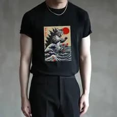 Camiseta de manga curta de algodão puro com gola redonda preto branco estilo japonês Ukiyo-E Top estampado
