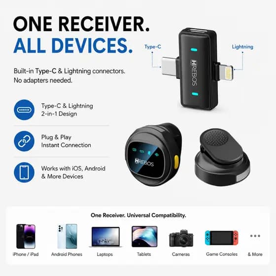 HREBOS x HEYOO Microfone de lapela Plug and Play adequado para cena de entrevista ao vivo Vlog