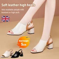 【Couro Macio】Sandália Peep-Toe Feminina Combinação de Cores Tira Única Salto Bloco Confortável Verão
