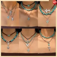 Moda Vintage 3 Camadas Turquesa Cabeça De Vaca Clavícula Corrente Frisado Colar Para Mulheres Étnico Cactus Pingente Cru