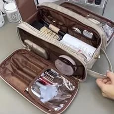 Bolsa de maquiagem feminina em formato de U de grande capacidade, portátil, multifuncional, de couro impermeável, adequa