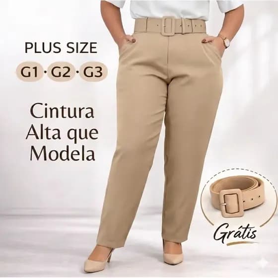 Calça alfaiataria plus size + cinto forrado tecido Premium com corte social e caimento perfeito confortável