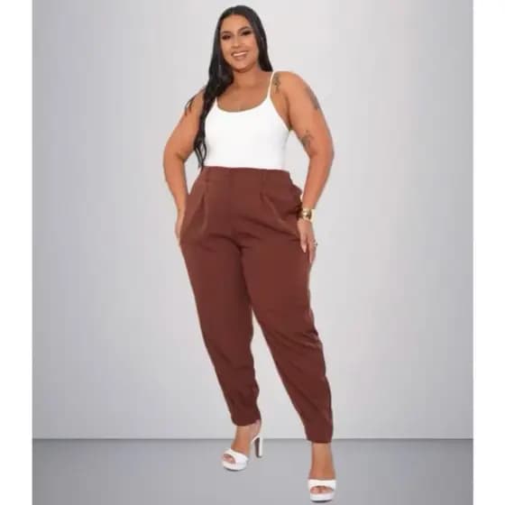 Calça Feminino Cenoura Detalhes Do Dobrados Com Bolso e Ziper Alfaiataria Plus Size
