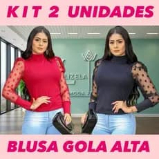 KIT 2 Blusa canelada gola alta manga longa tule bufante blusa feminina tule poá blusa feminina canelada gola alta