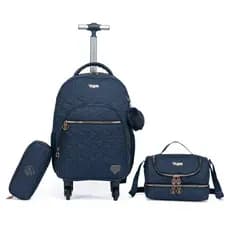 Kit Mochila Lancheira Estojo Feminina Rodinha Escolar Juvenil Passeio Azul Yupe