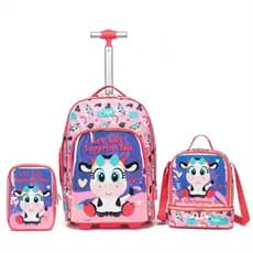 Kit Mochila Lancheira Estojo Escolar Vaquinha Rodinha Infantil Feminina