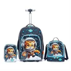 Kit Mochila Lancheira Estojo Masculino Tigre Astronauta Escolar Rodinha Yupe