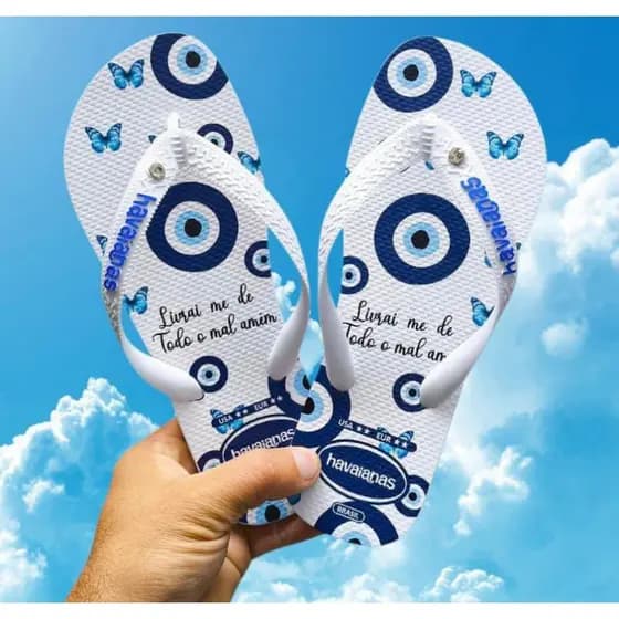 Chinelo feminino tira grossa estampas variadas olho grego, estilo havaiana inspiração Farm sandália plana envio imediato