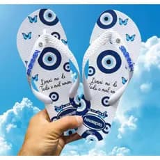 Chinelo feminino tira grossa estampas variadas olho grego, estilo havaiana inspiração Farm sandália plana envio imediato