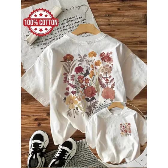 Camiseta Feminina Flores Delicadas Frente e Costas Camisa Ramalhete Flores Minimalista Casual Tendência