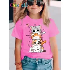 Camisa Feminina Infantil Trio Gatinhos Fofos Camisetas Animais Cutes Cat Estilosa Casual 100% algodão Crianças