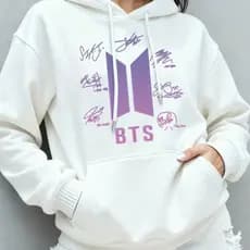 Blusa Moletom Canguru Com Capuz Feminino BTS K-Pop Banda Coreana Simbolo Autógrafo Estiloso Casual