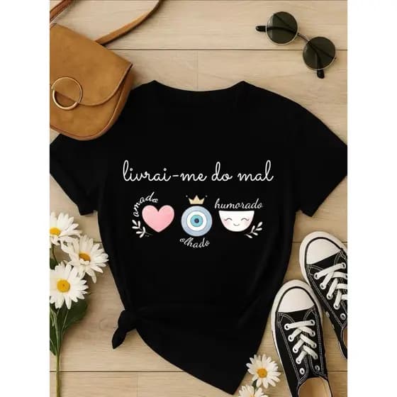 Camiseta Feminina Religiosa Livra-me Do Mal Camisa T-Shirt Mulher Moda Modesta Casual Tendencia