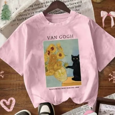 Camiseta Feminina Van Gogh Gato Girassois Obra De Arte Moderna Casual Camisa Blusa Mulheres Unissex
