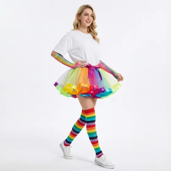 Kit Conjunto Luva/Meia/Saia Tule Arco-Íris Adulto-Tule Colorido 40cm para Festas e Carnaval