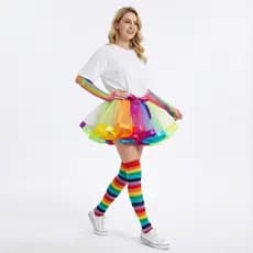 Kit Conjunto Luva/Meia/Saia Tule Arco-Íris Adulto-Tule Colorido 40cm para Festas e Carnaval