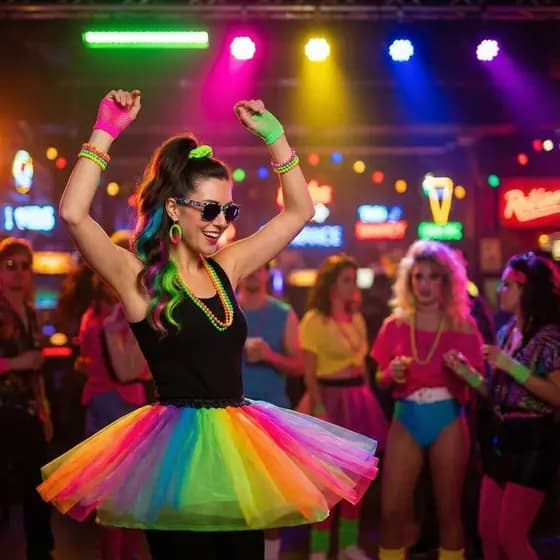 Kit de 5 Peças para Festa Retrô: Peruca,Colar,Luva e Brincos-Acessórios Disco Anos 80 com Temática Neon