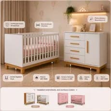 Quarto Bebe Infantil Q Encanto Berço Vira Cama e Comoda Sapateira 1 Porta 4 Gavetas Slim Qmovi