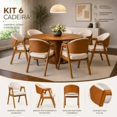 Kit 6 Cadeiras Sala de Jantar Premium Braço Madeira Maciça Estofado Rustica Confortável Recepção