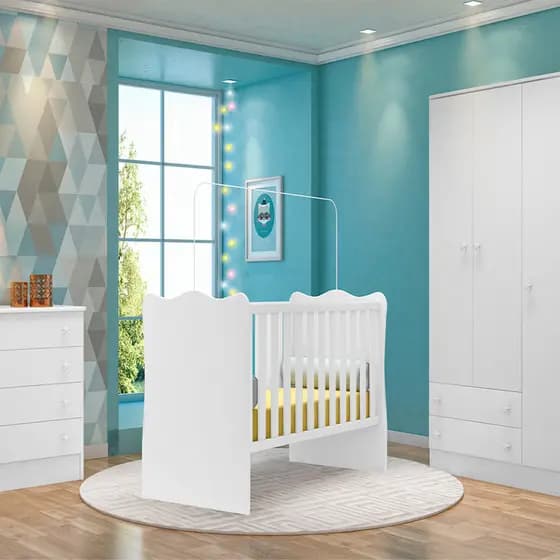 Jogo Quarto Infantil Doce Sonho Berço Cômoda 4 Gavetas e Guarda Roupa Qmovi