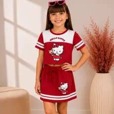 Conjunto Feminino Infantil Hello Kitty Short Saia – Estilo e Conforto para as Pequenas!