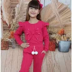 Conjunto Infantil Feminino Inverno Tricot Rosa Com Laço E Pompom Moda Menina