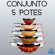 Kit Conjunto De 5 Potes de Vidro Hermético Bowl Tigela Com Tampa