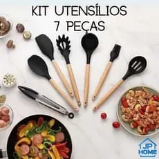 Kit 7 Peças Utensílios Para Cozinha Silicone E Cabo de Madeira